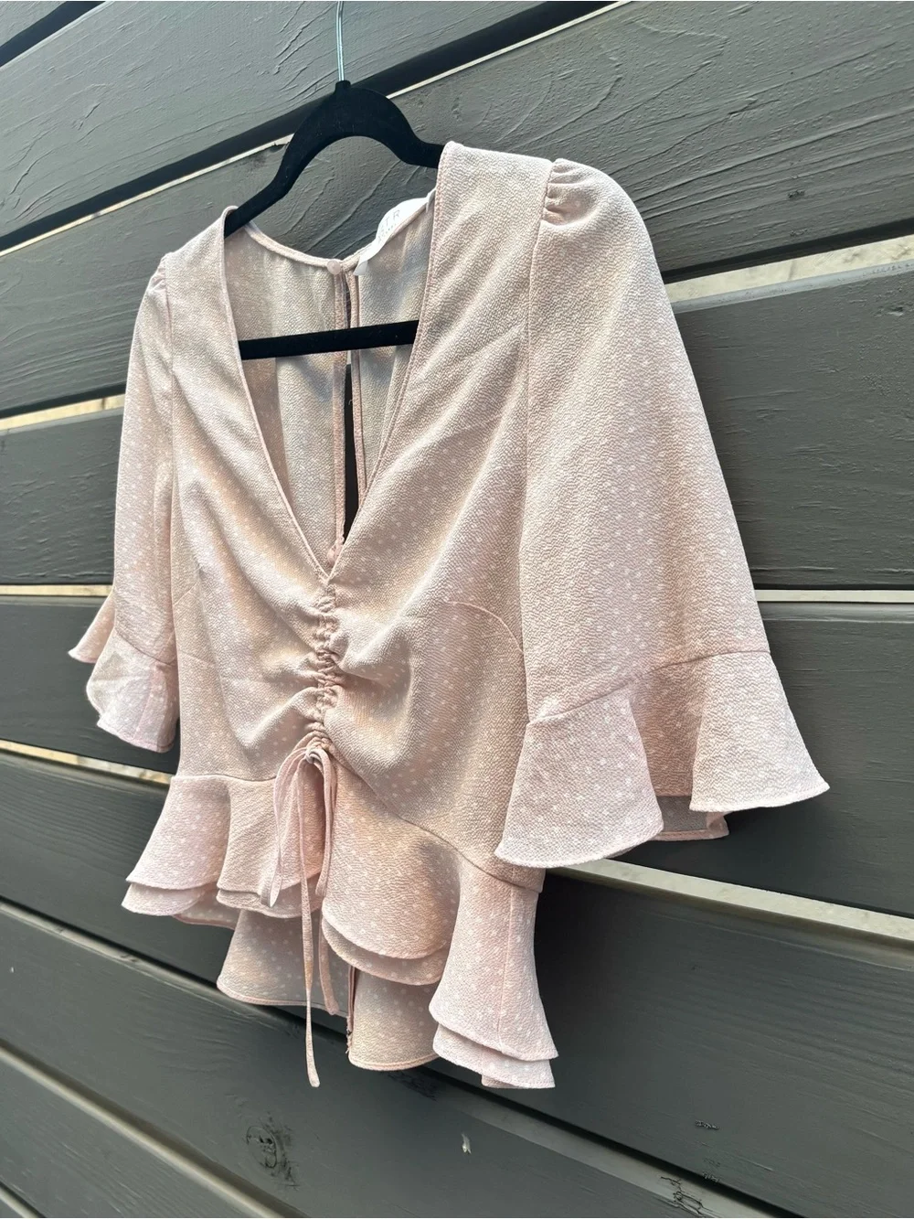 ASTR The Label Blush Swiss Dot Ruched Peplum Top Puff Sleeve S